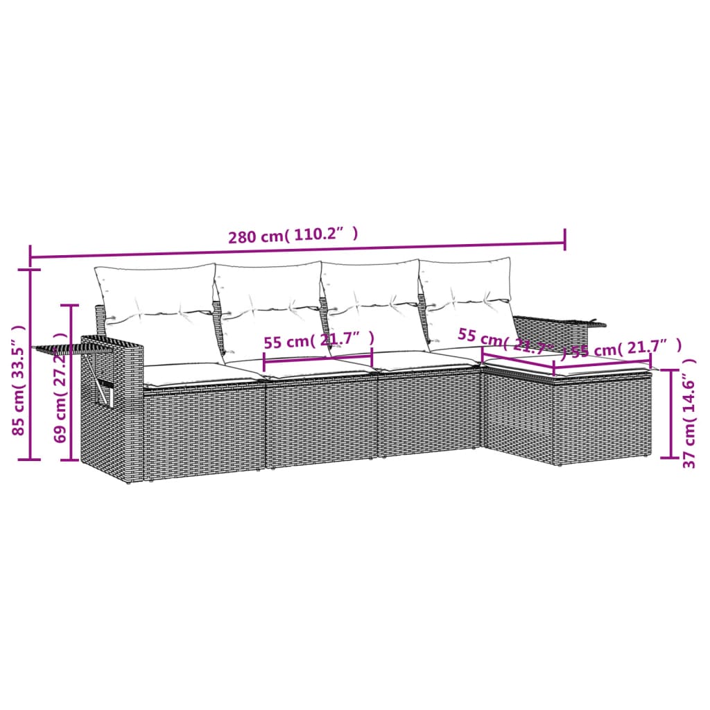 Set Divano da Giardino 5 pz con Cuscini Marrone in Polyrattan | homemem39