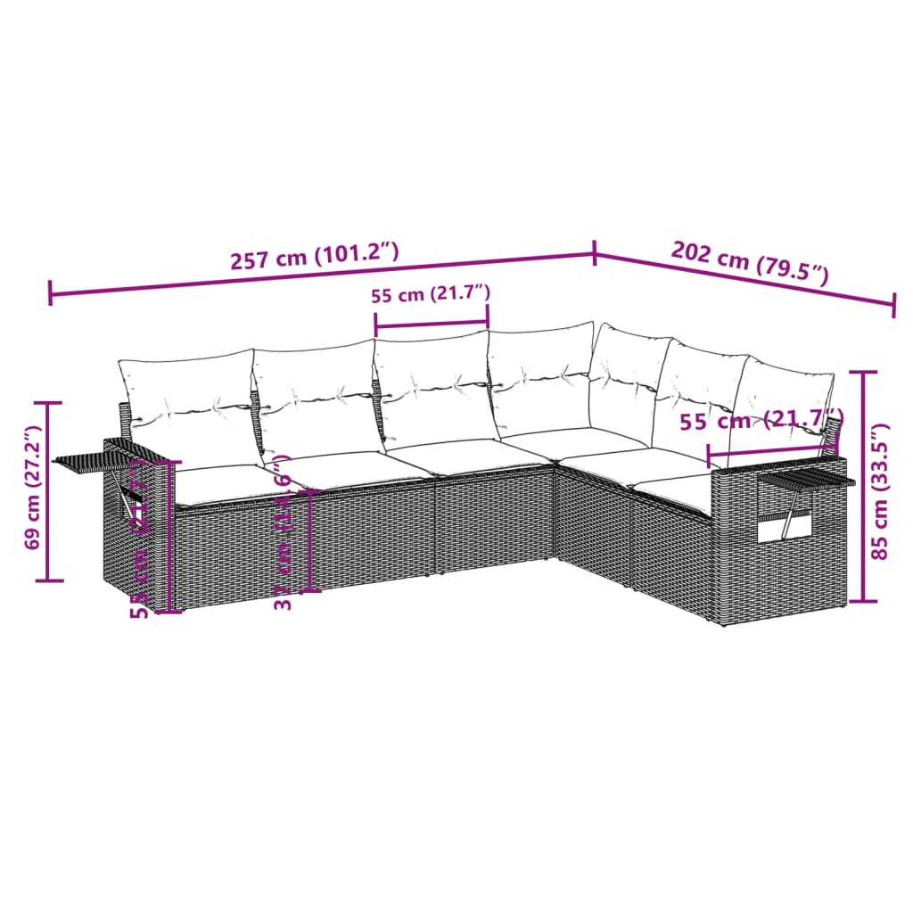 Set Divano da Giardino 6 pz con Cuscini Nero in Polyrattan