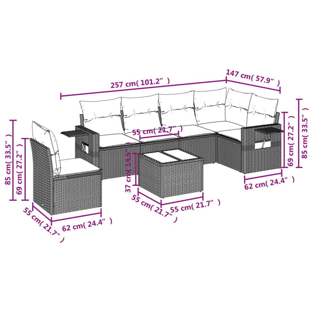 Set Divani da Giardino 7 pz con Cuscini Grigio in Polyrattan