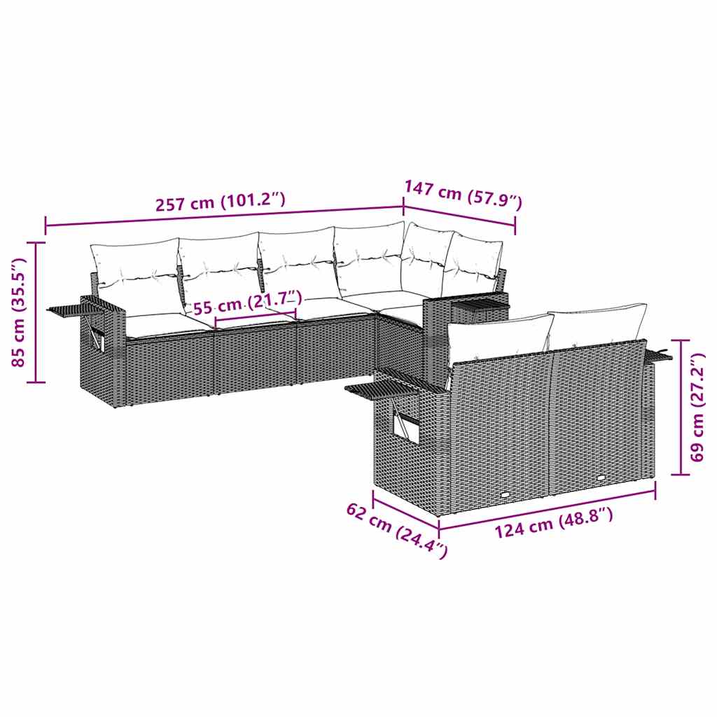 Set Divani da Giardino 7 pz con Cuscini Marrone in Polyrattan