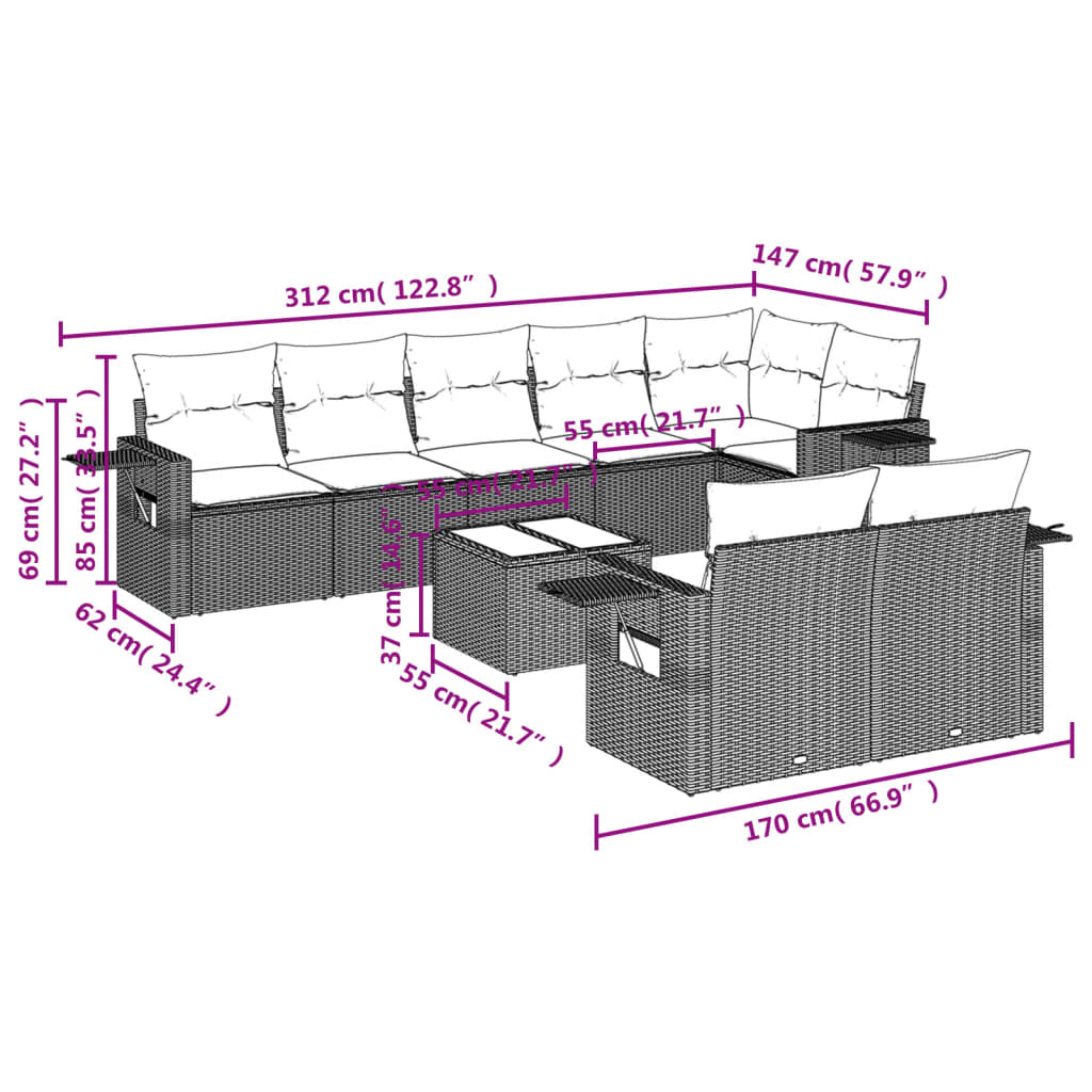Set Divano da Giardino 9 pz con Cuscini Grigio in Polyrattan | homemem39