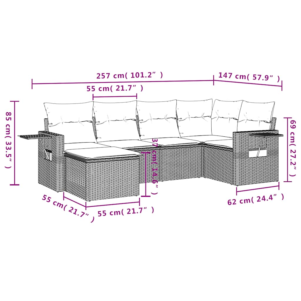 Set Divano da Giardino 6 pz con Cuscini Nero in Polyrattan