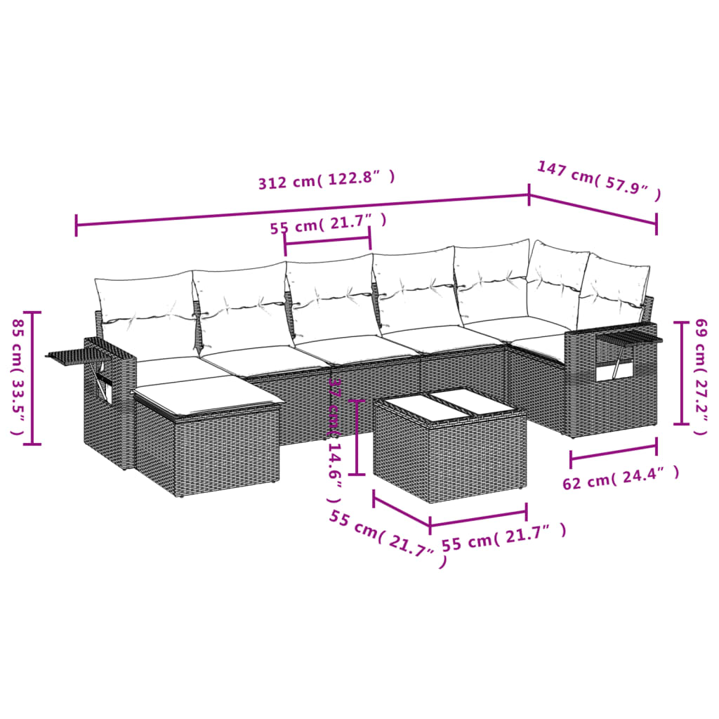 Set Divano da Giardino 8 pz con Cuscini Beige in Polyrattan | homemem39