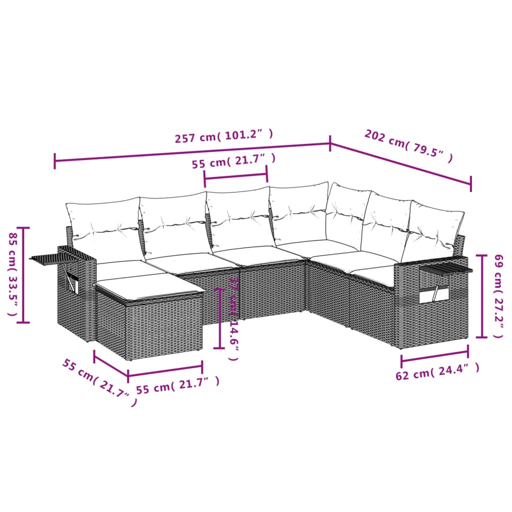 Set Divani da Giardino 7 pz con Cuscini Marrone in Polyrattan