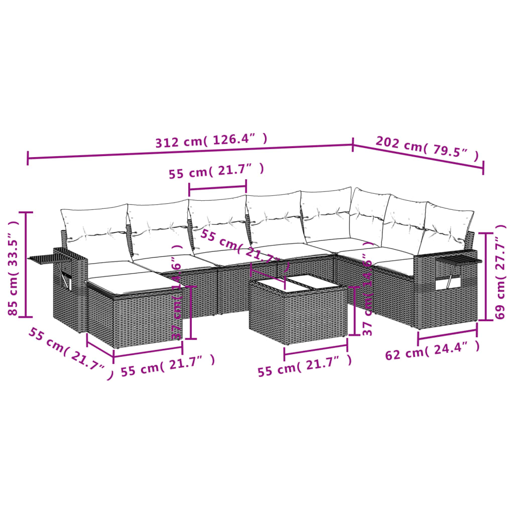Set Divano da Giardino 9 pz con Cuscini Grigio in Polyrattan