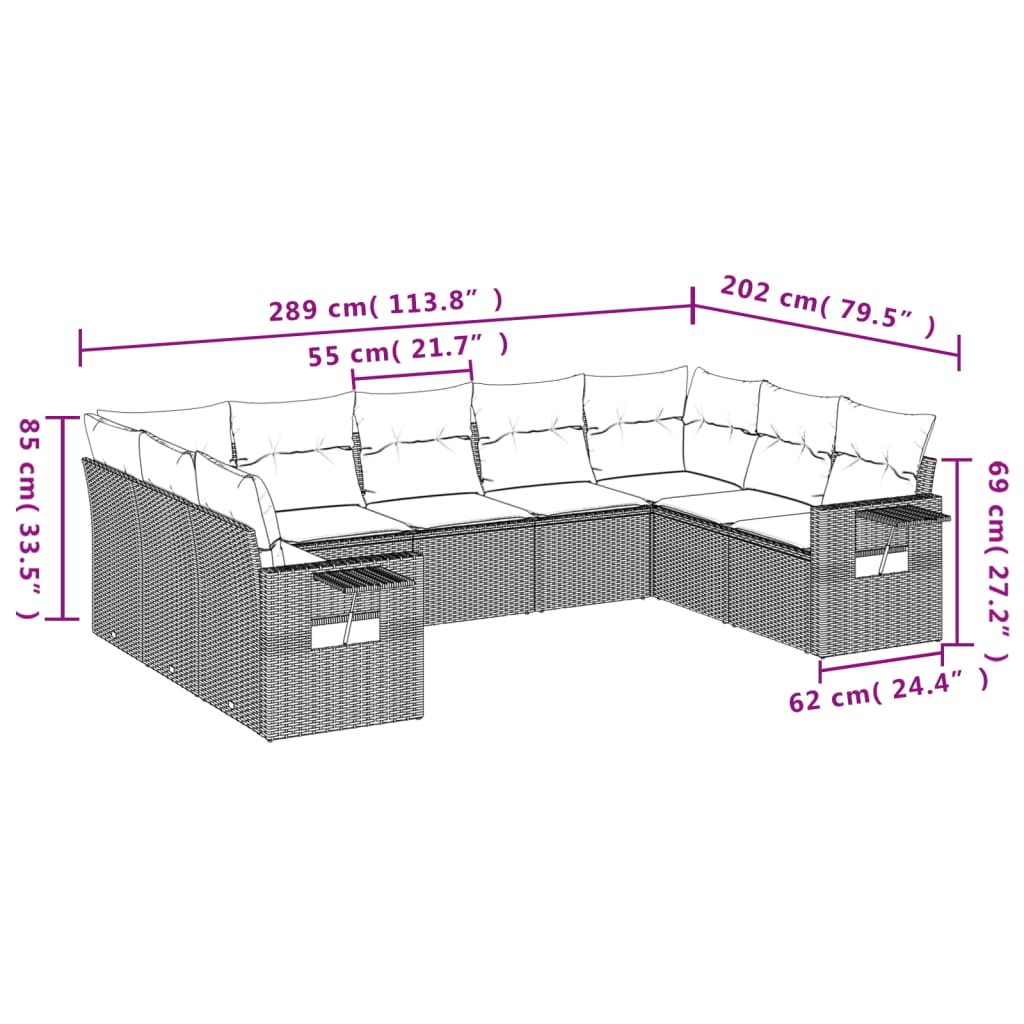 Set Divani da Giardino 9pz con Cuscini Marrone in Polyrattan | homemem39