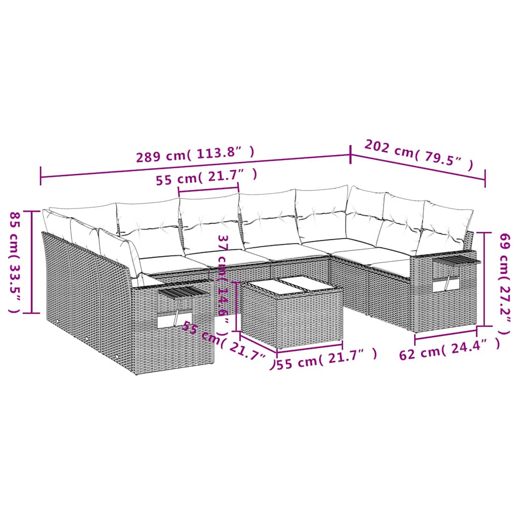 Set Divani da Giardino 10pz con Cuscini in Polyrattan Nero