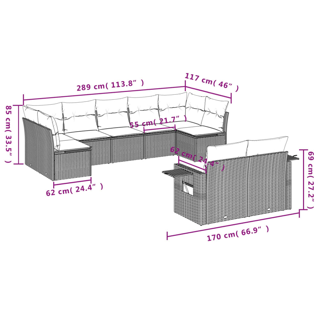 Set Divani da Giardino 9 pz con Cuscini Nero in Polyrattan | homemem39