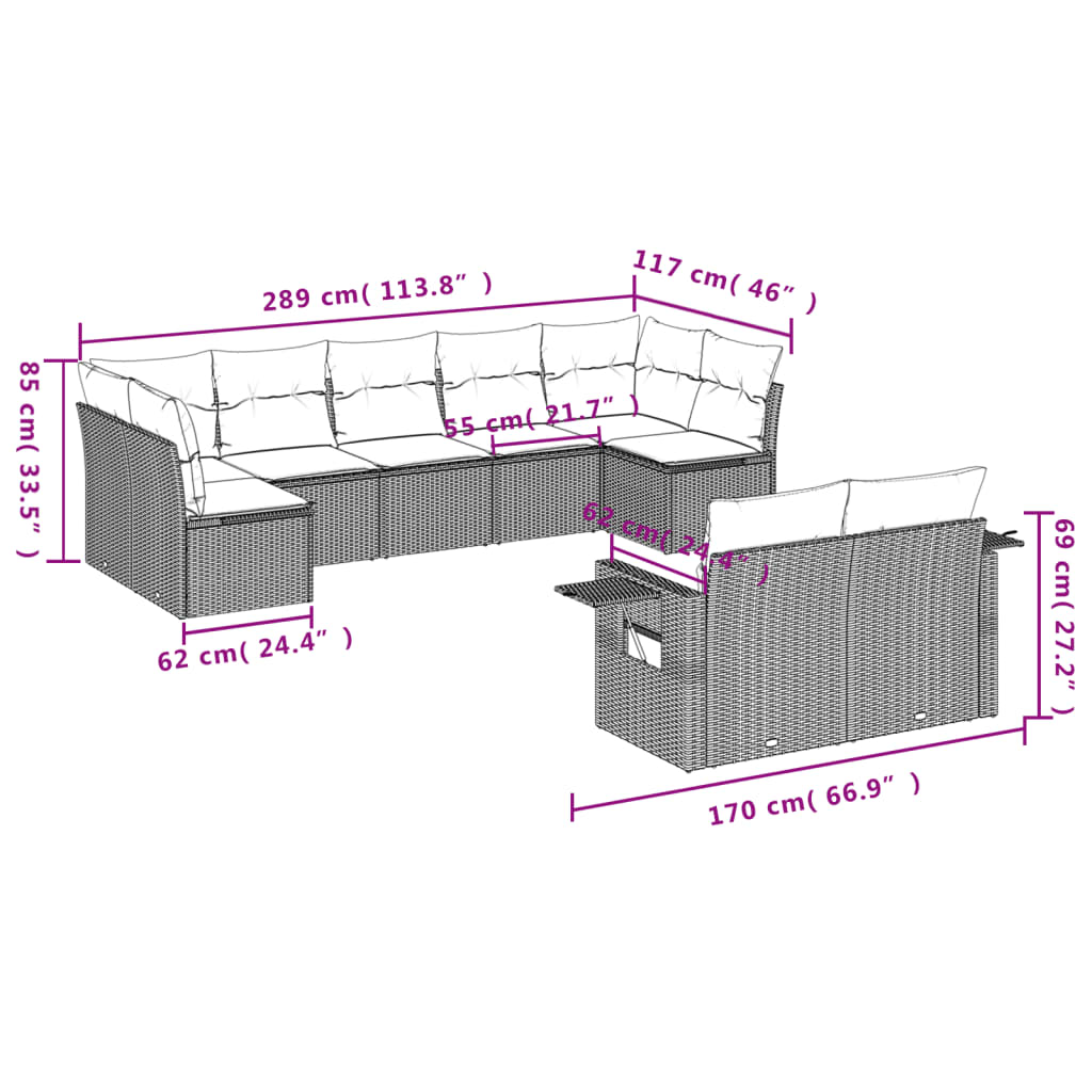Set Divano da Giardino 9 pz con Cuscini Beige in Polyrattan | homemem39