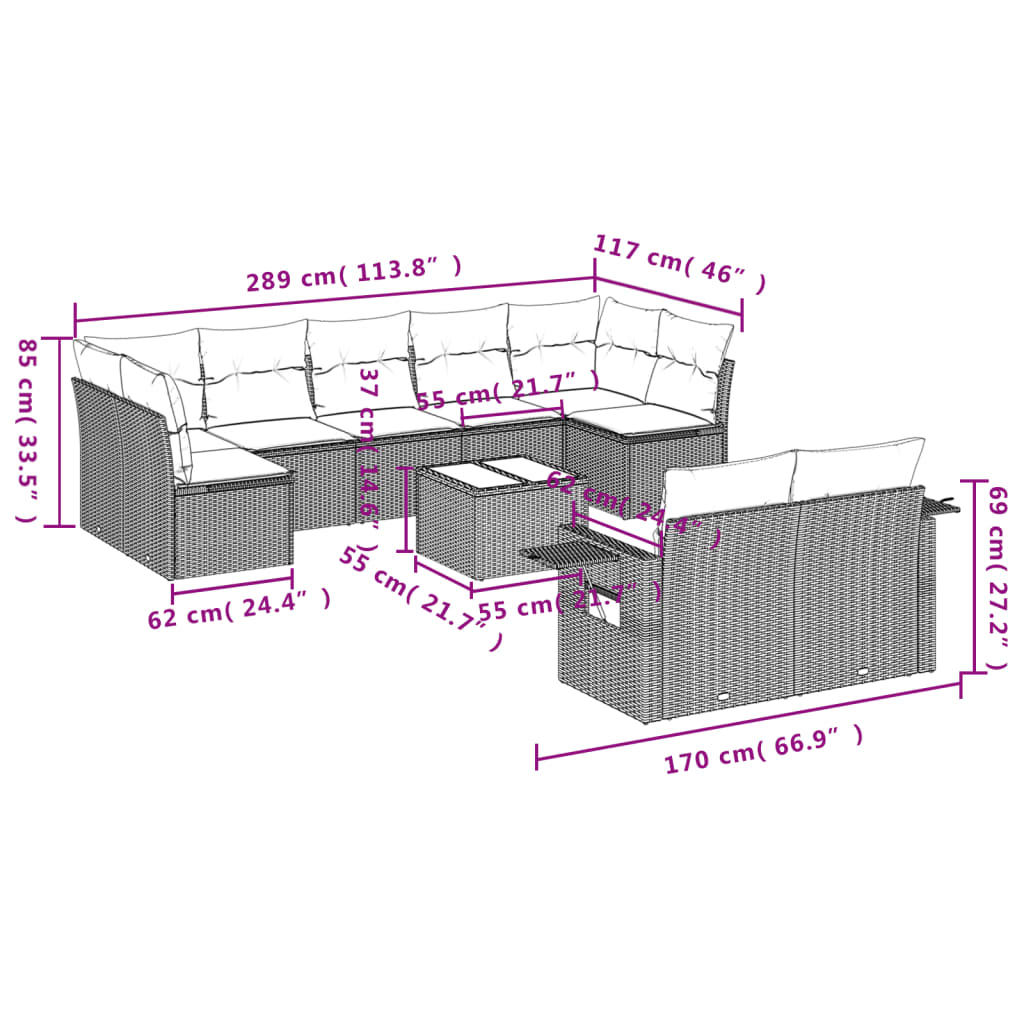 Set Divani da Giardino 10pz con Cuscini in Polyrattan Nero