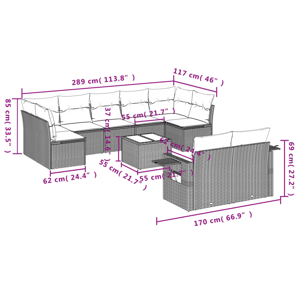 Set Divano da Giardino 10 pz con Cuscini Grigio in Polyrattan | homemem39