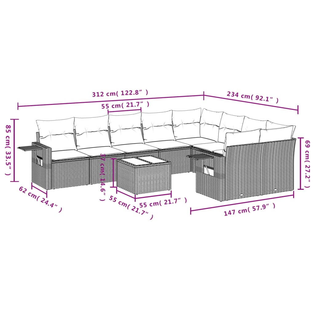 Set Divani da Giardino 10pz con Cuscini in Polyrattan Marrone | homemem39