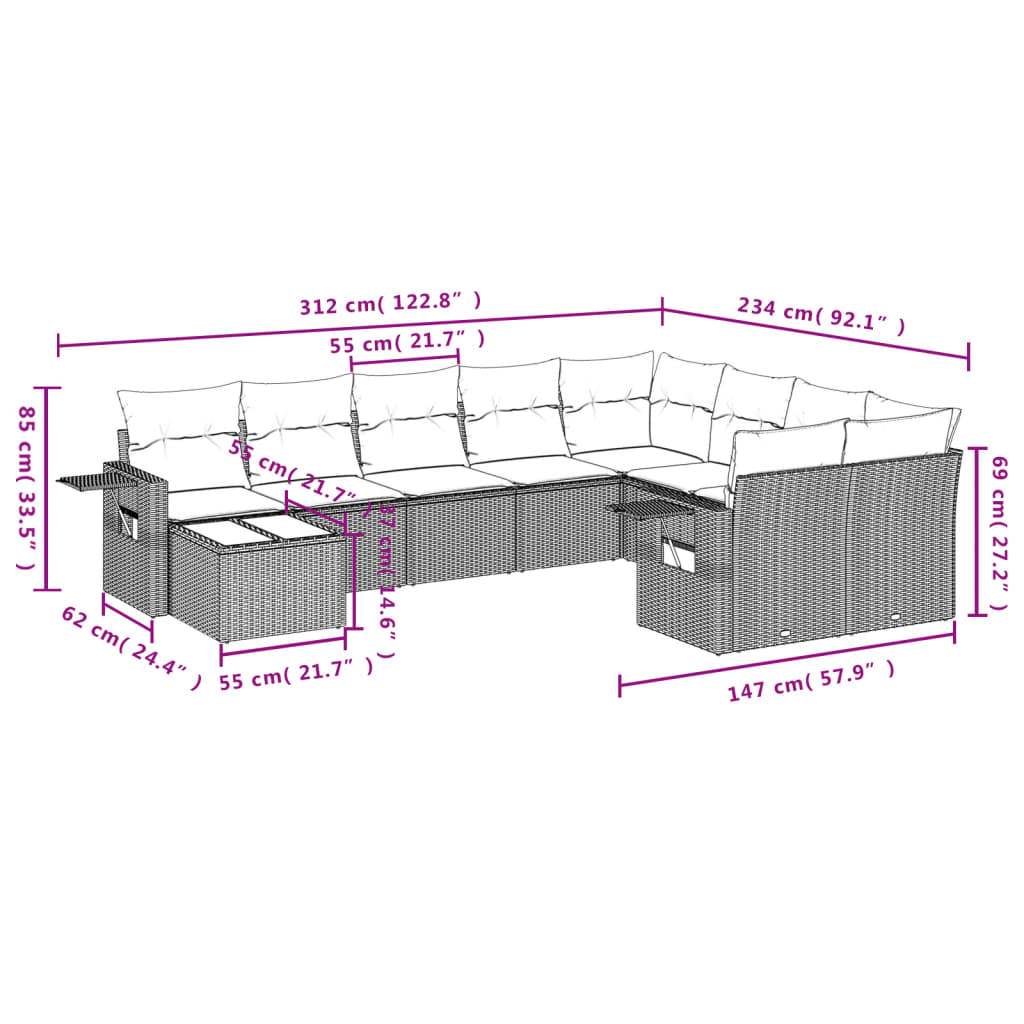 Set Divano da Giardino 10 pz con Cuscini Grigio in Polyrattan | homemem39
