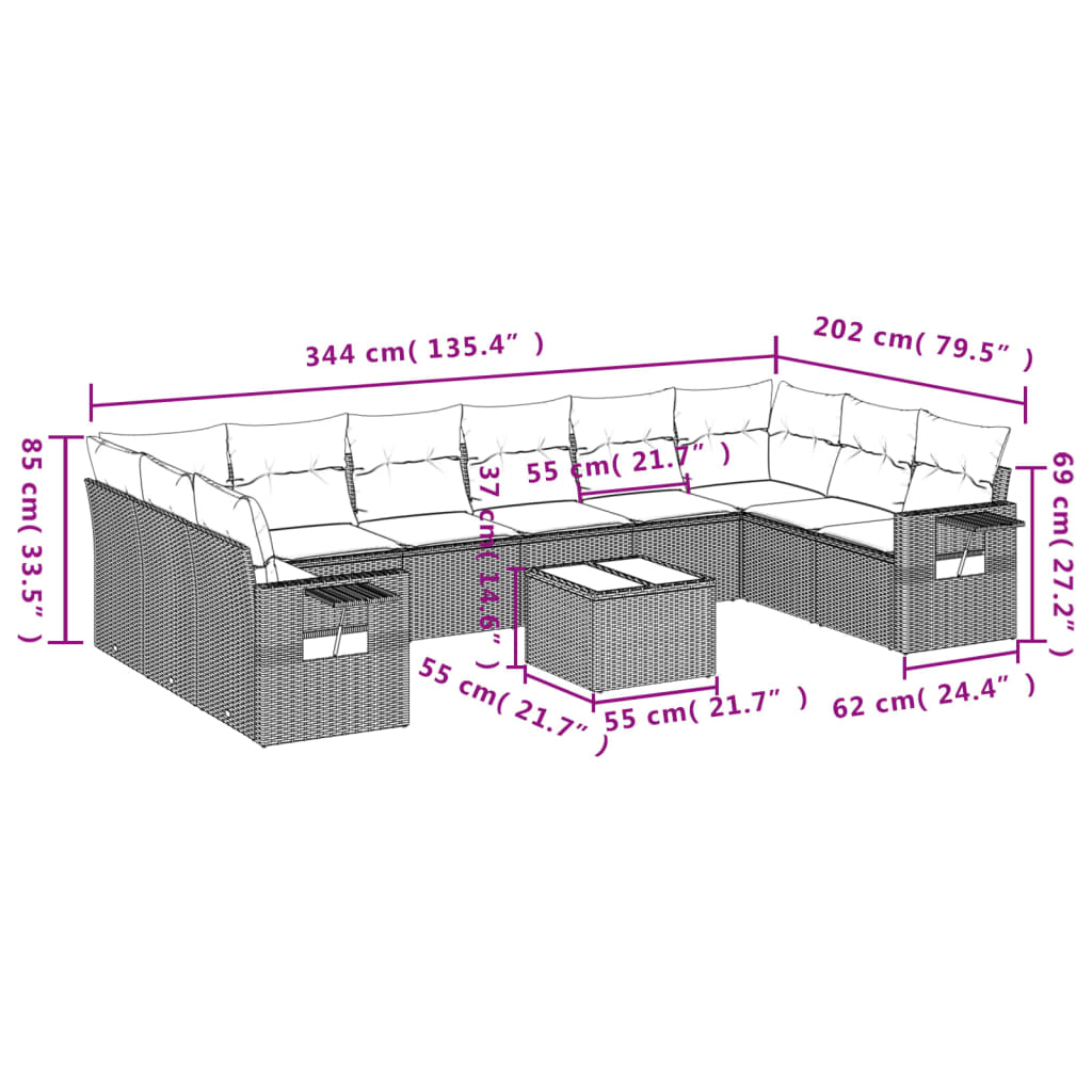 Set Divani da Giardino 11 pz con Cuscini in Polyrattan Grigio