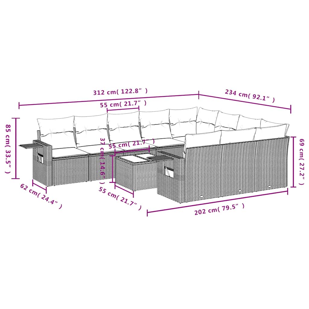 Set Divani da Giardino 11 pz con Cuscini in Polyrattan Nero
