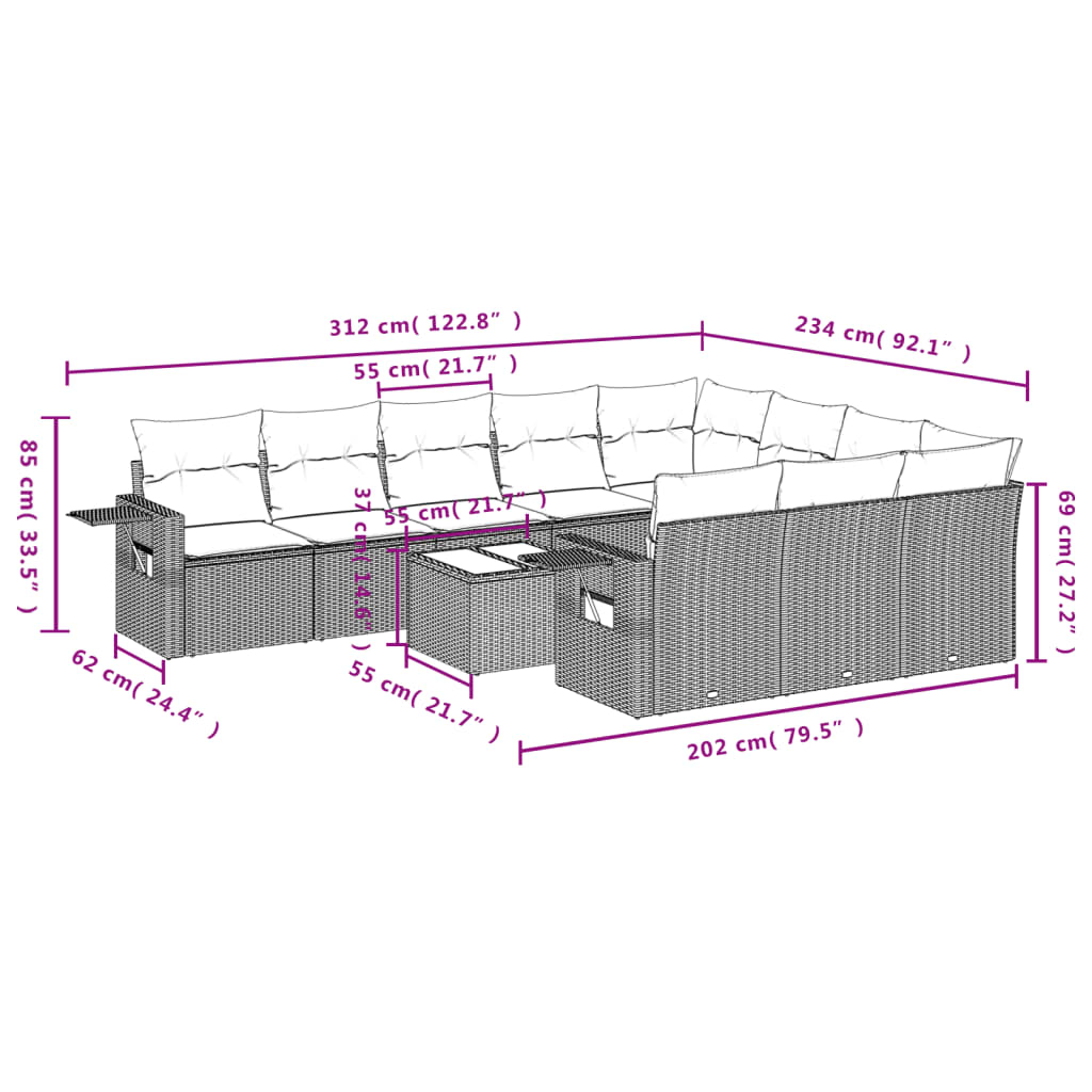Set Divani da Giardino 11 pz con Cuscini Polyrattan Marrone | homemem39