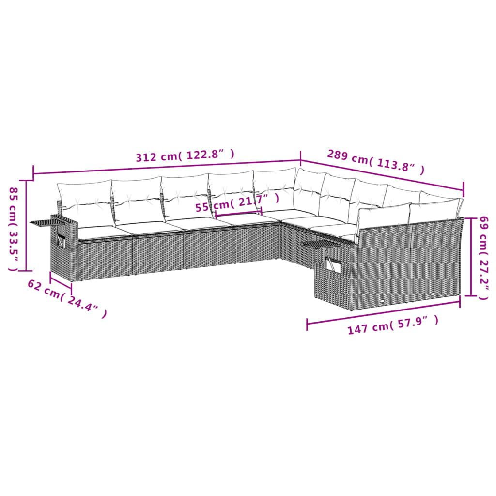 Set Divani da Giardino 10pz con Cuscini in Polyrattan Marrone | homemem39