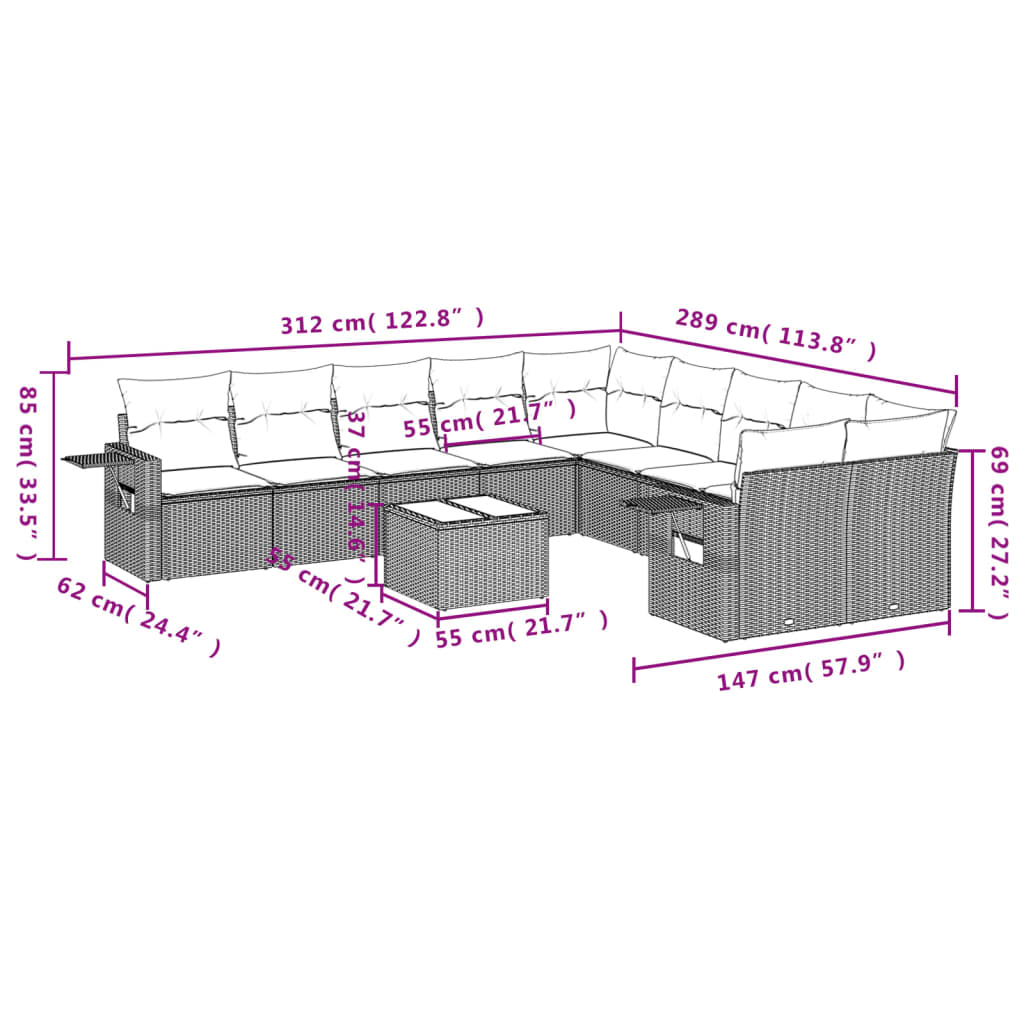Set Divani da Giardino 11 pz con Cuscini in Polyrattan Nero | homemem39