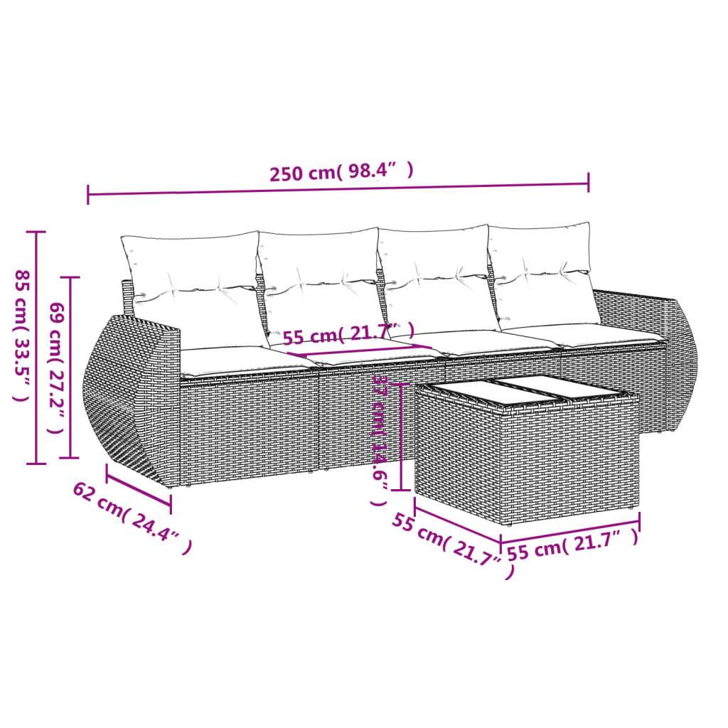 Set Divano da Giardino 5 pz con Cuscini Grigio in Polyrattan