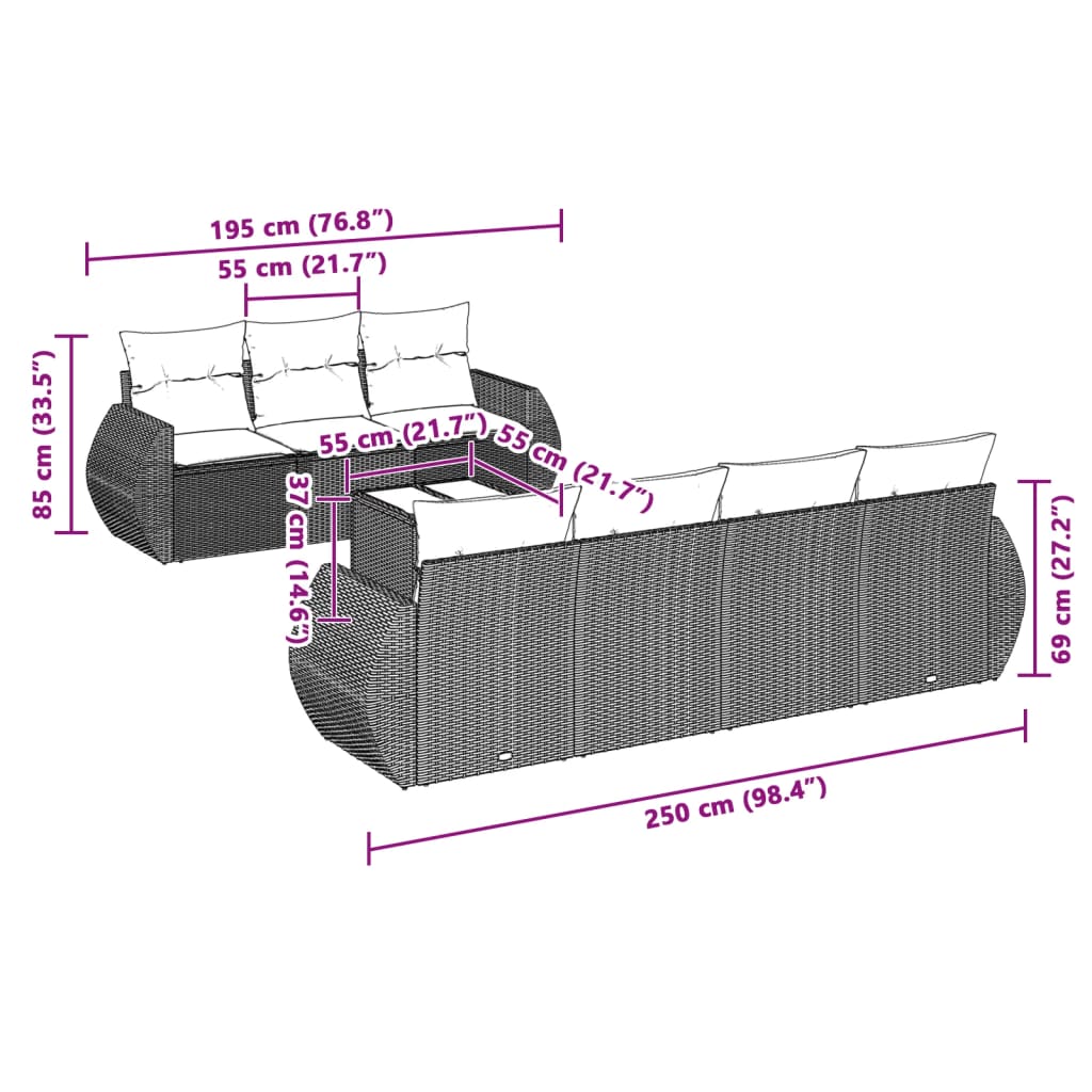 Set Divano da Giardino 8pz con Cuscini Grigio Chiaro Polyrattan