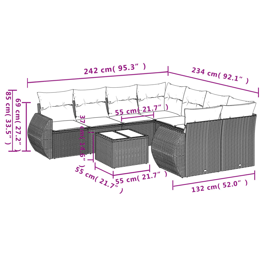 Set Divano da Giardino 9 pz con Cuscini Beige in Polyrattan