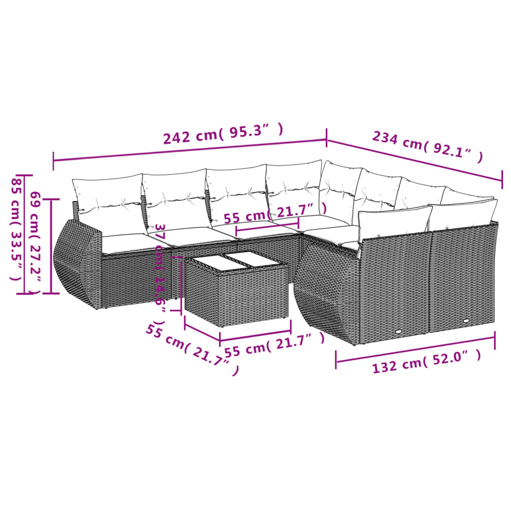 Set Divano da Giardino 9pz con Cuscini Grigio Chiaro Polyrattan | homemem39