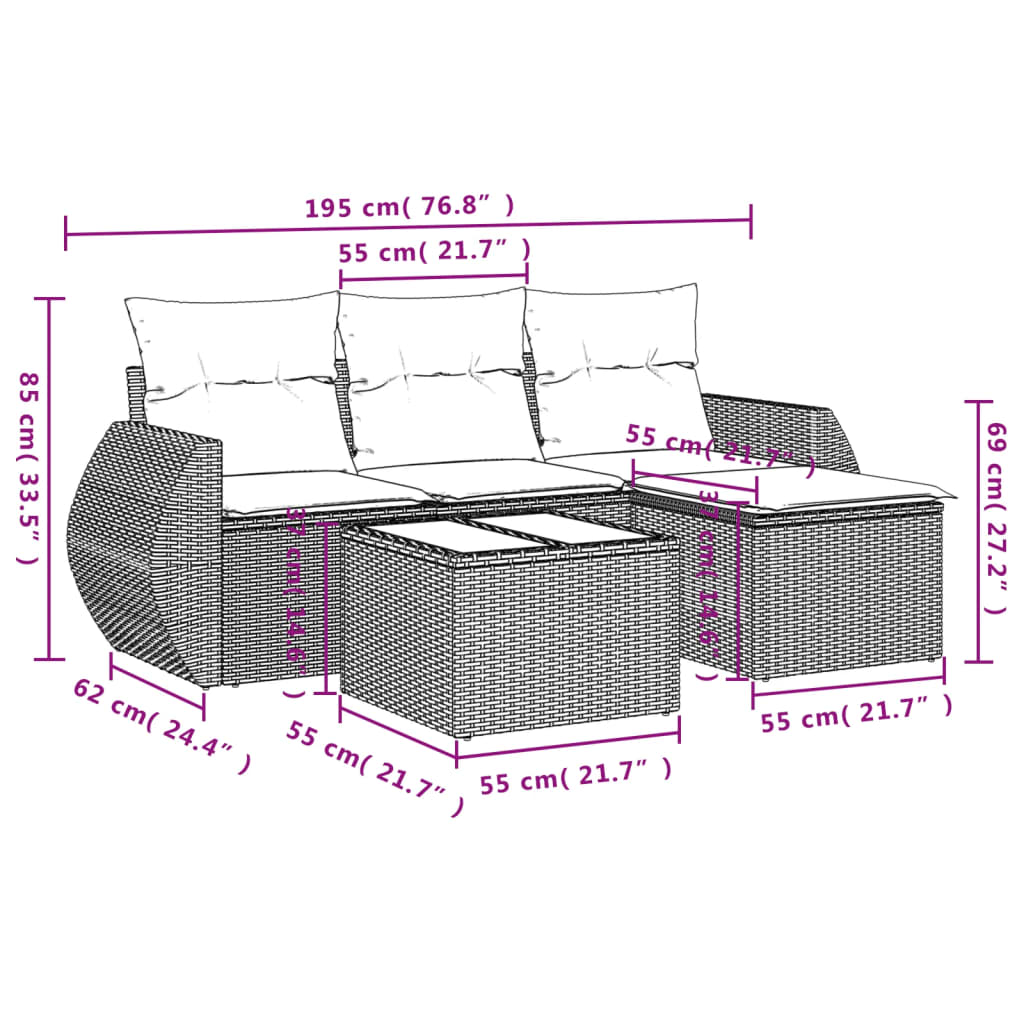 Set Divani da Giardino 5 pz con Cuscini in Polyrattan Nero