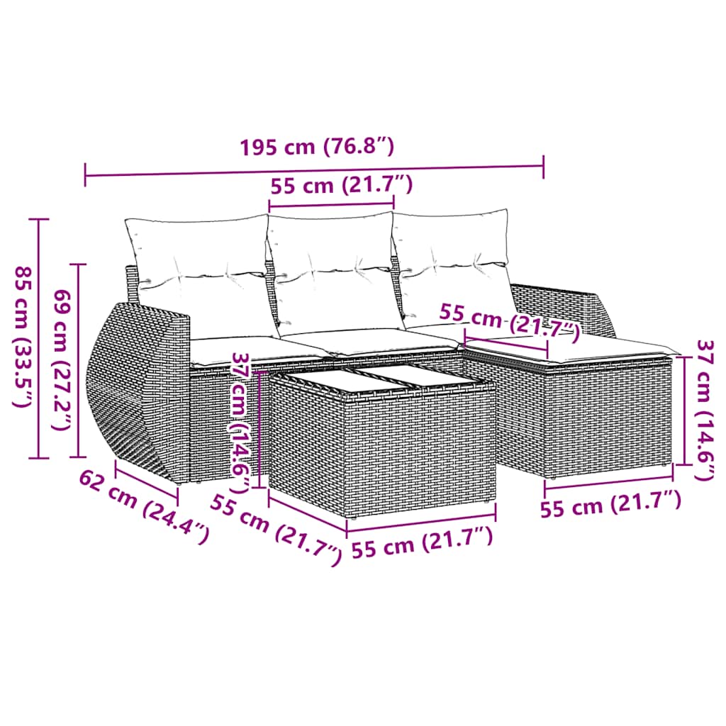 Set Divani da Giardino 5 pz con Cuscini in Polyrattan Nero