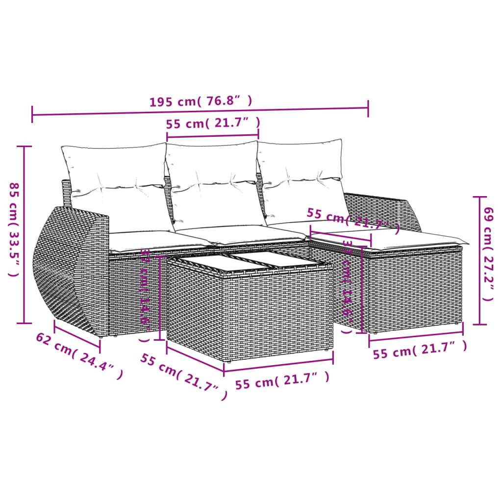 Set Divano da Giardino 5 pz con Cuscini Grigio in Polyrattan