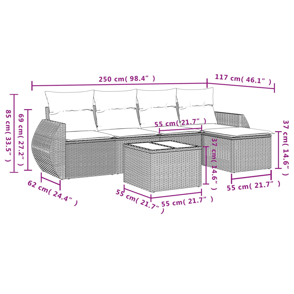 Set Divano da Giardino 6 pz con Cuscini Marrone in Polyrattan | homemem39