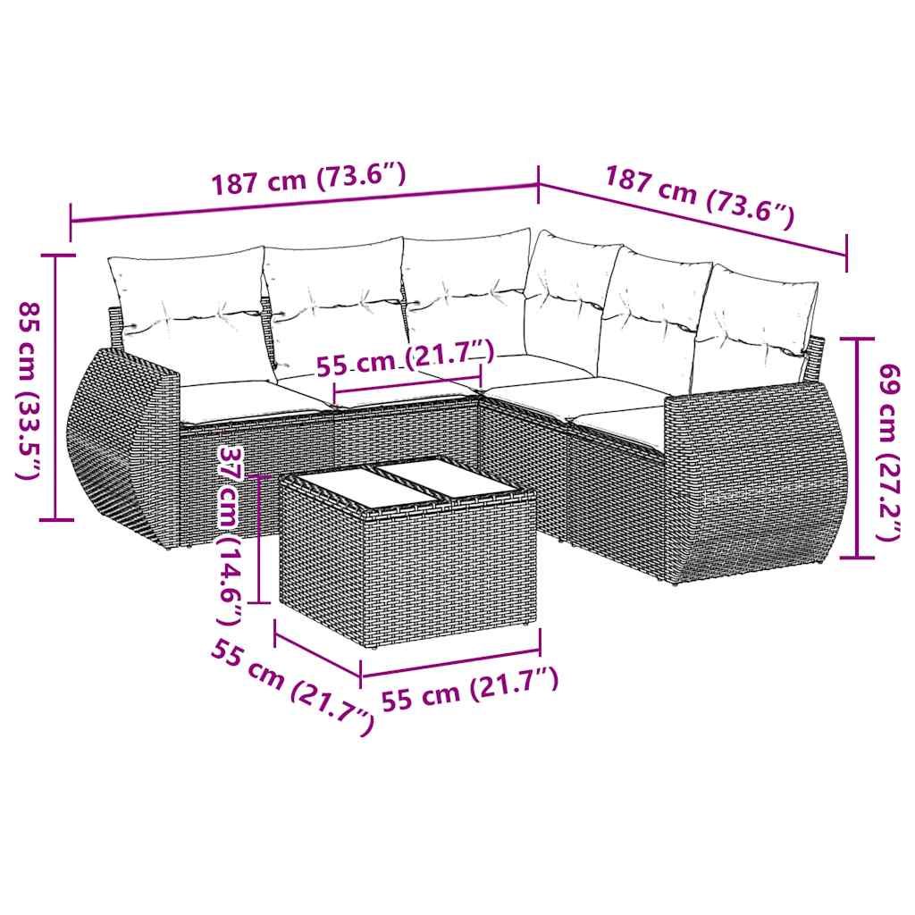 Set Divano da Giardino 6 pz con Cuscini Nero in Polyrattan