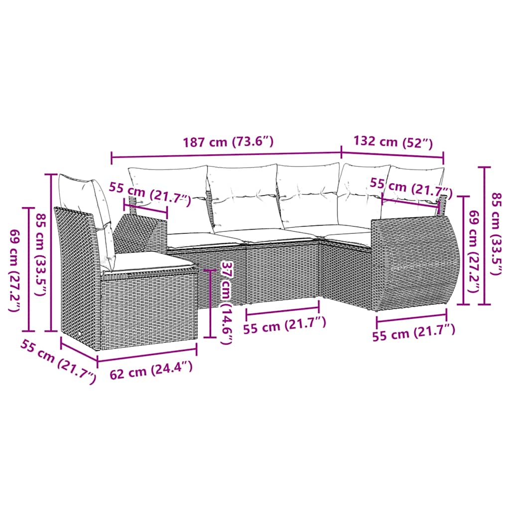 Set Divani da Giardino 5 pz con Cuscini in Polyrattan Nero | homemem39