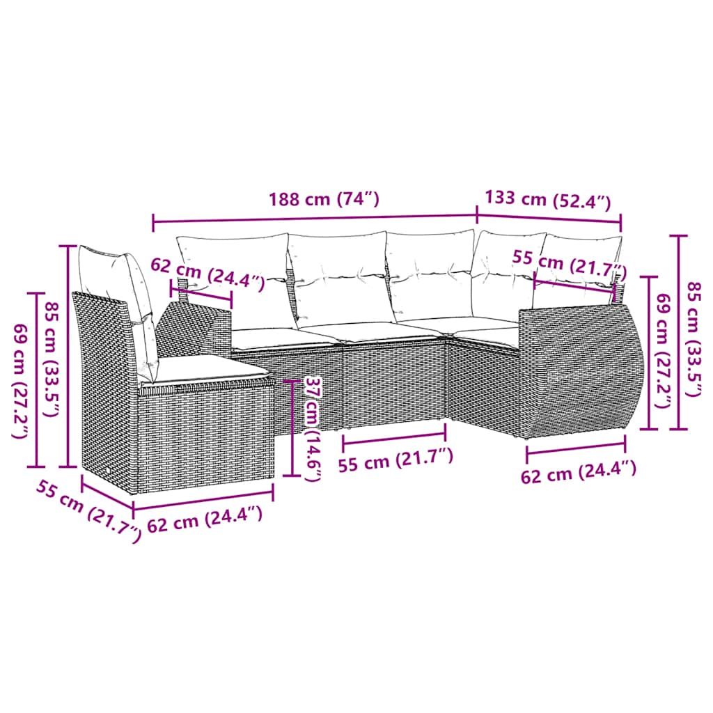 Set Divano da Giardino 5pz con Cuscini Grigio Chiaro Polyrattan | homemem39