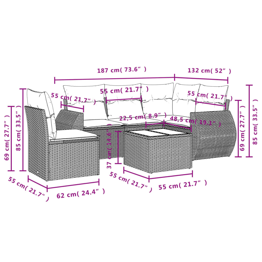 Set Divano da Giardino 6 pz con Cuscini Nero in Polyrattan | homemem39