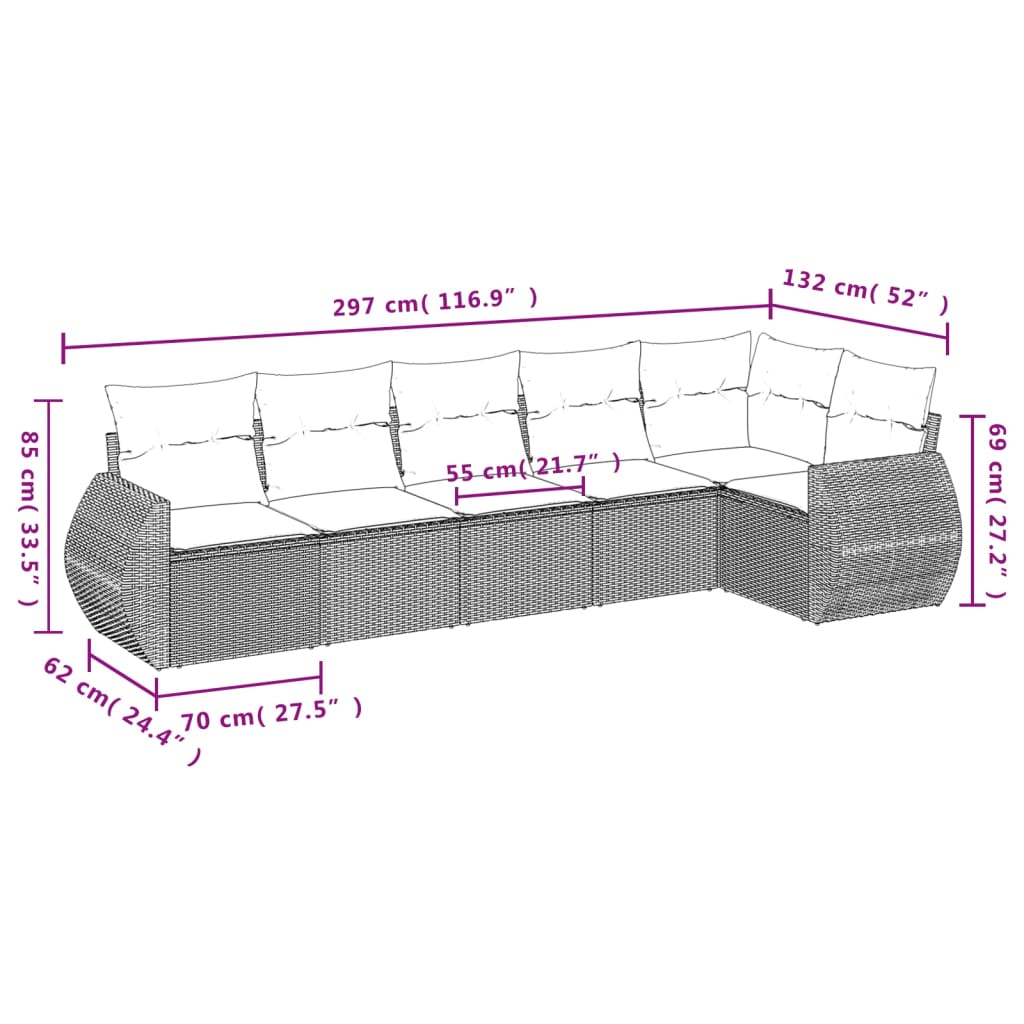 Set Divano da Giardino 6 pz con Cuscini Grigio in Polyrattan | homemem39