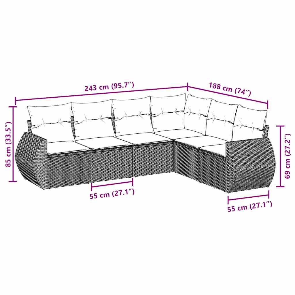 Set Divano da Giardino 6 pz con Cuscini Nero in Polyrattan | homemem39