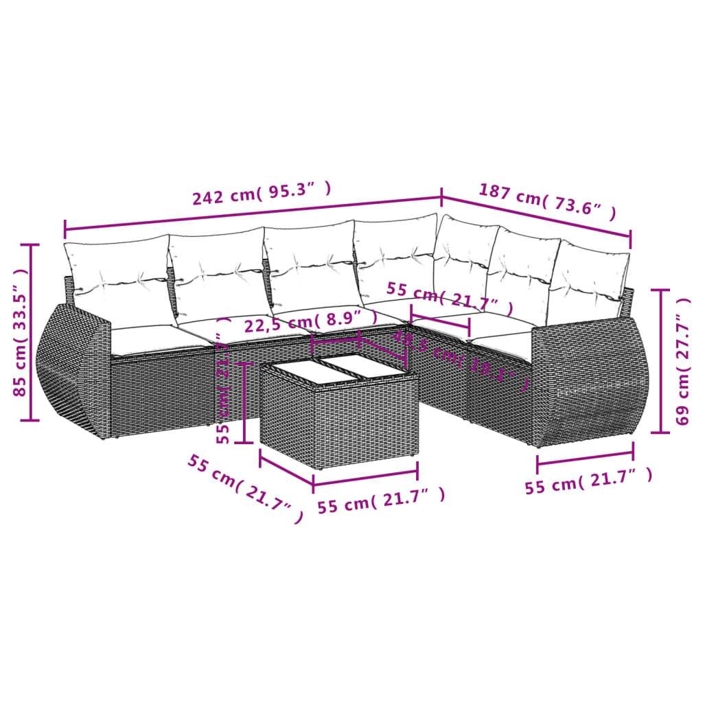 Set Divani da Giardino 7 pz con Cuscini Grigio in Polyrattan