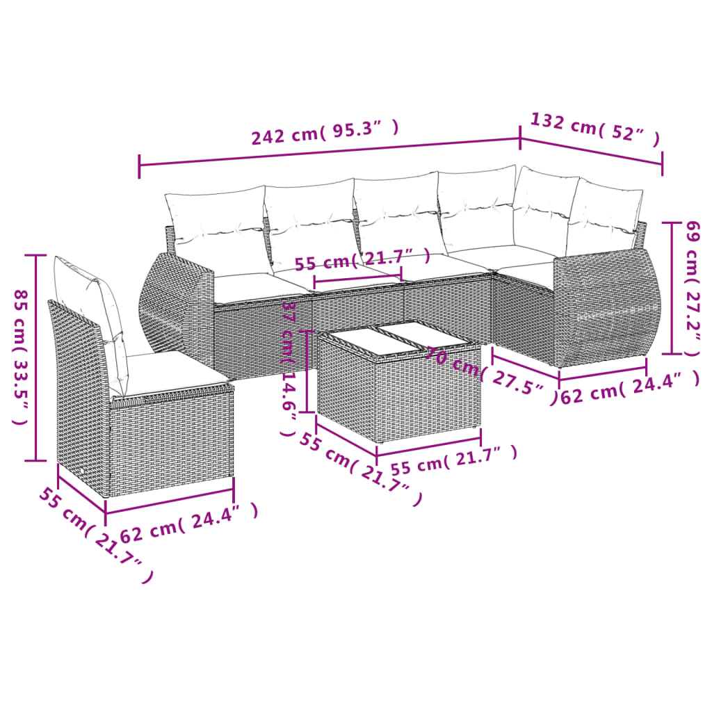 Set Divani da Giardino 7 pz con Cuscini Marrone in Polyrattan | homemem39