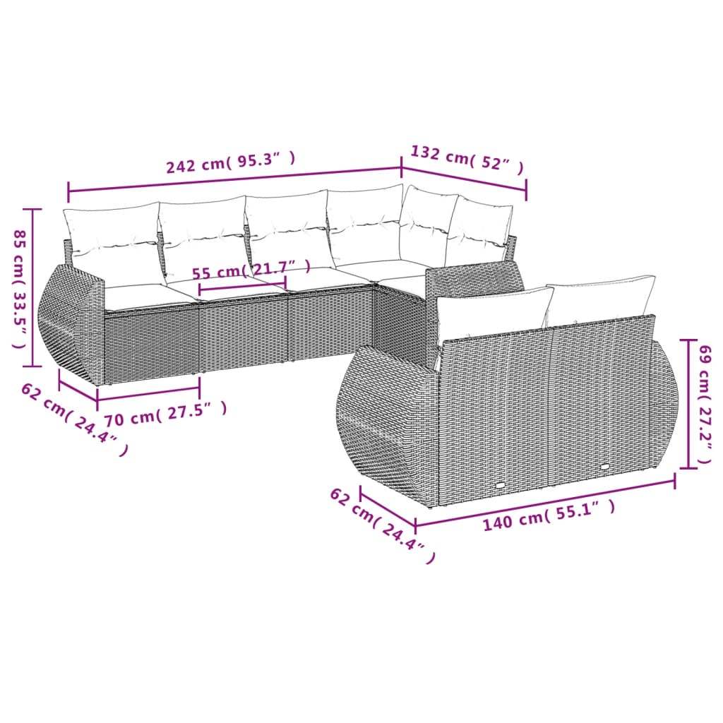 Set Divani da Giardino 7 pz con Cuscini Beige in Polyrattan