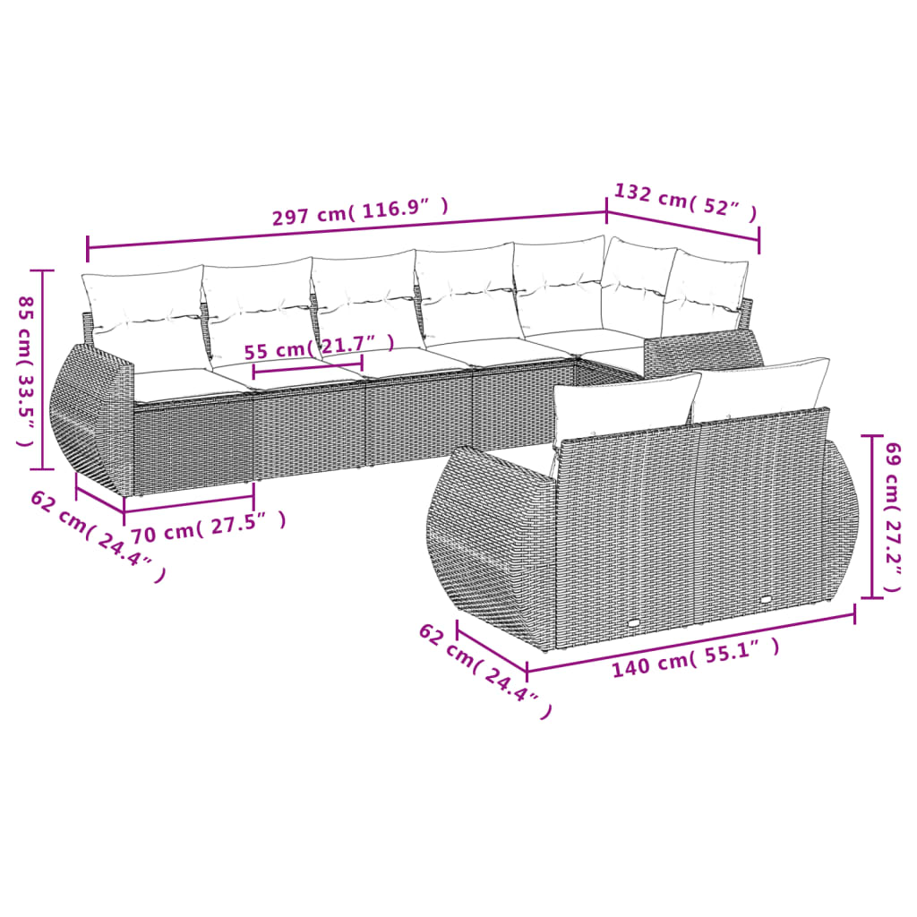 Set Divano da Giardino 8 pz con Cuscini Grigio in Polyrattan | homemem39