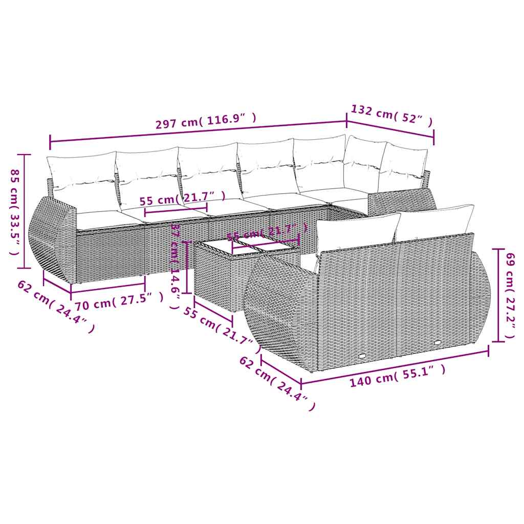 Set Divani da Giardino 9 pz con Cuscini Nero in Polyrattan | homemem39