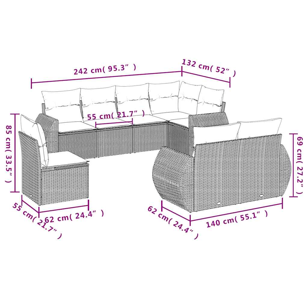 Set Divani da Giardino con Cuscini 8 pz Nero in Polyrattan