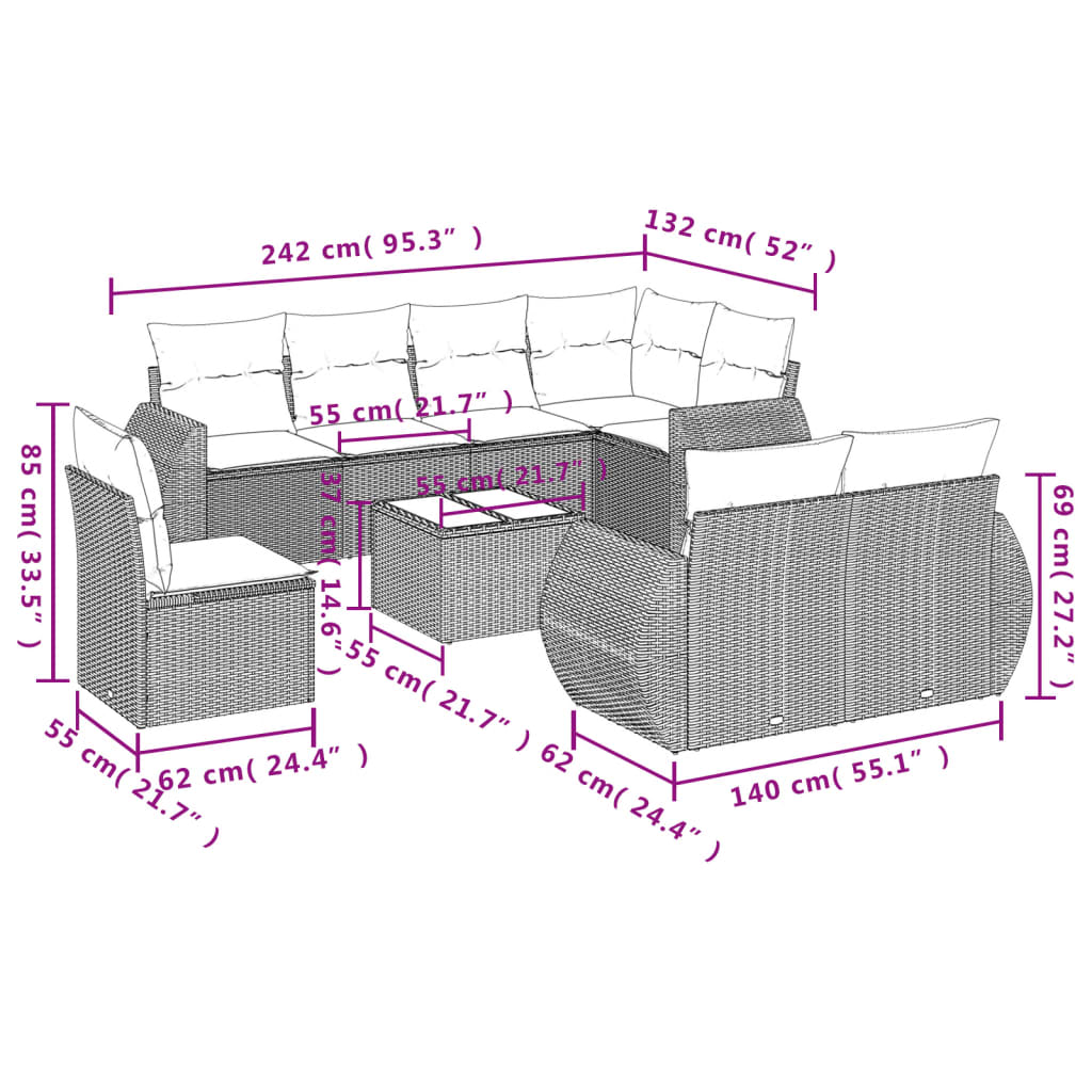 Set Divano da Giardino 9 pz con Cuscini Grigio in Polyrattan