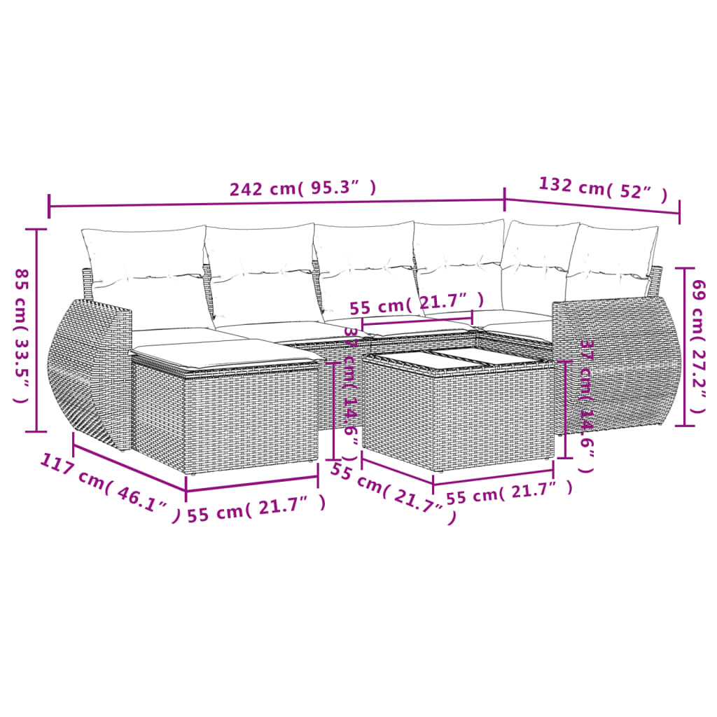 Set Divani da Giardino con Cuscini 7pz Nero Polyrattan
