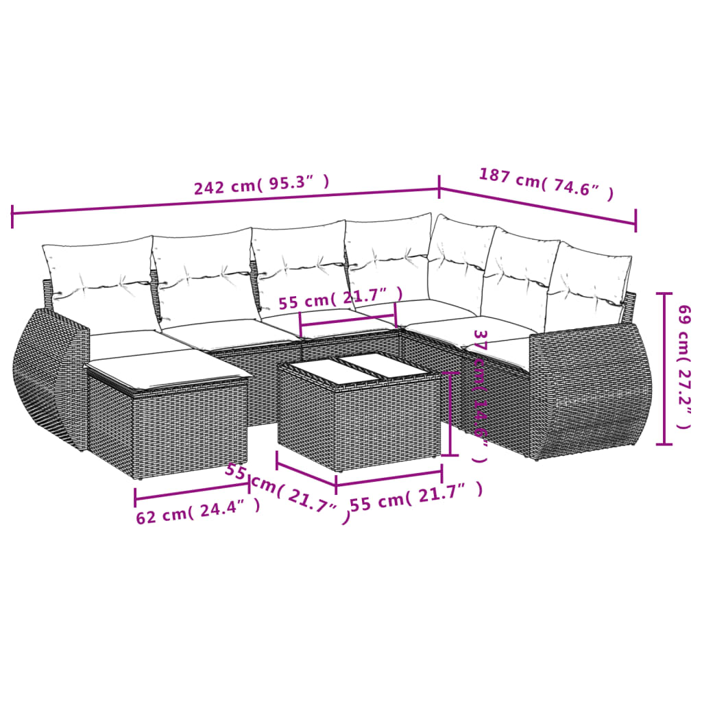 Set Divani da Giardino con Cuscini 8 pz Nero in Polyrattan | homemem39