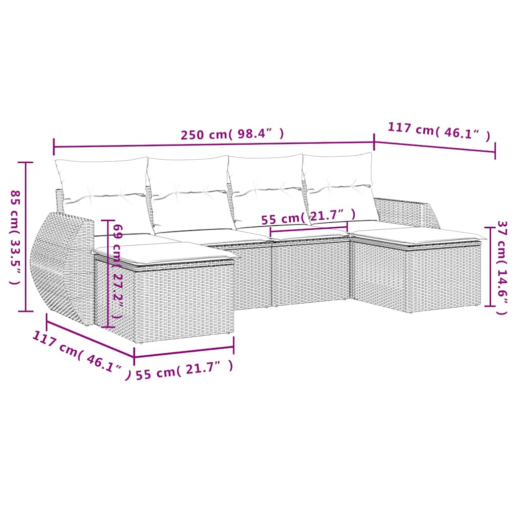 Set Divano da Giardino 6 pz con Cuscini Nero in Polyrattan