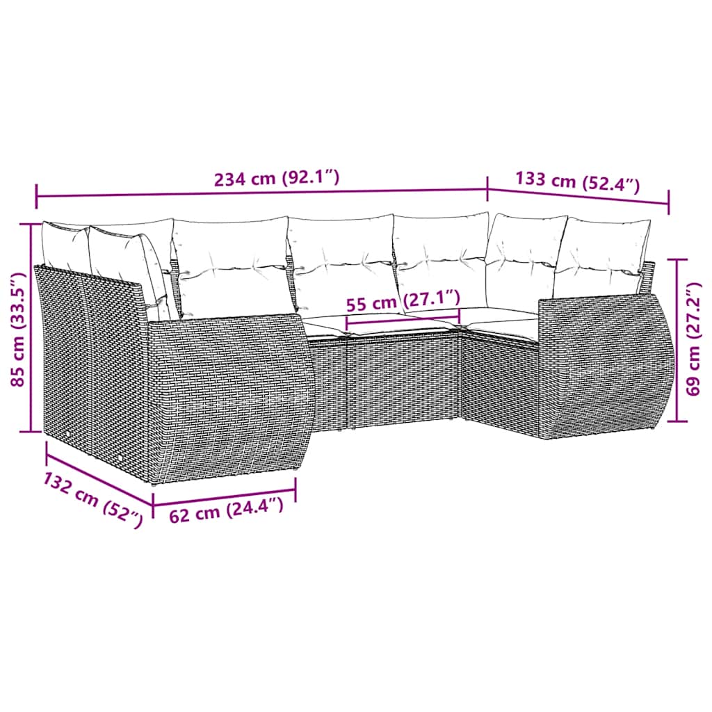 Set Divano da Giardino 6 pz con Cuscini Nero in Polyrattan