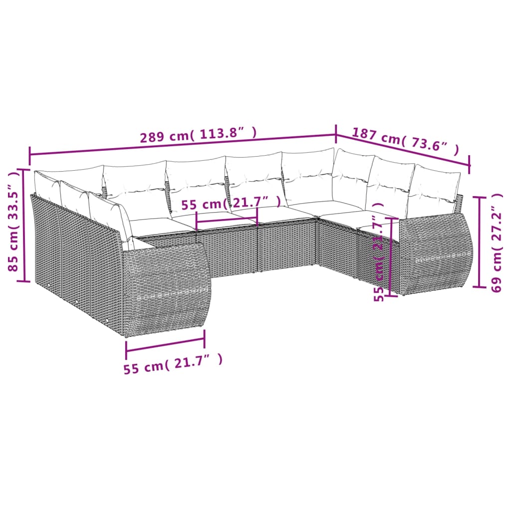 Set Divani da Giardino 9 pz con Cuscini Nero in Polyrattan | homemem39