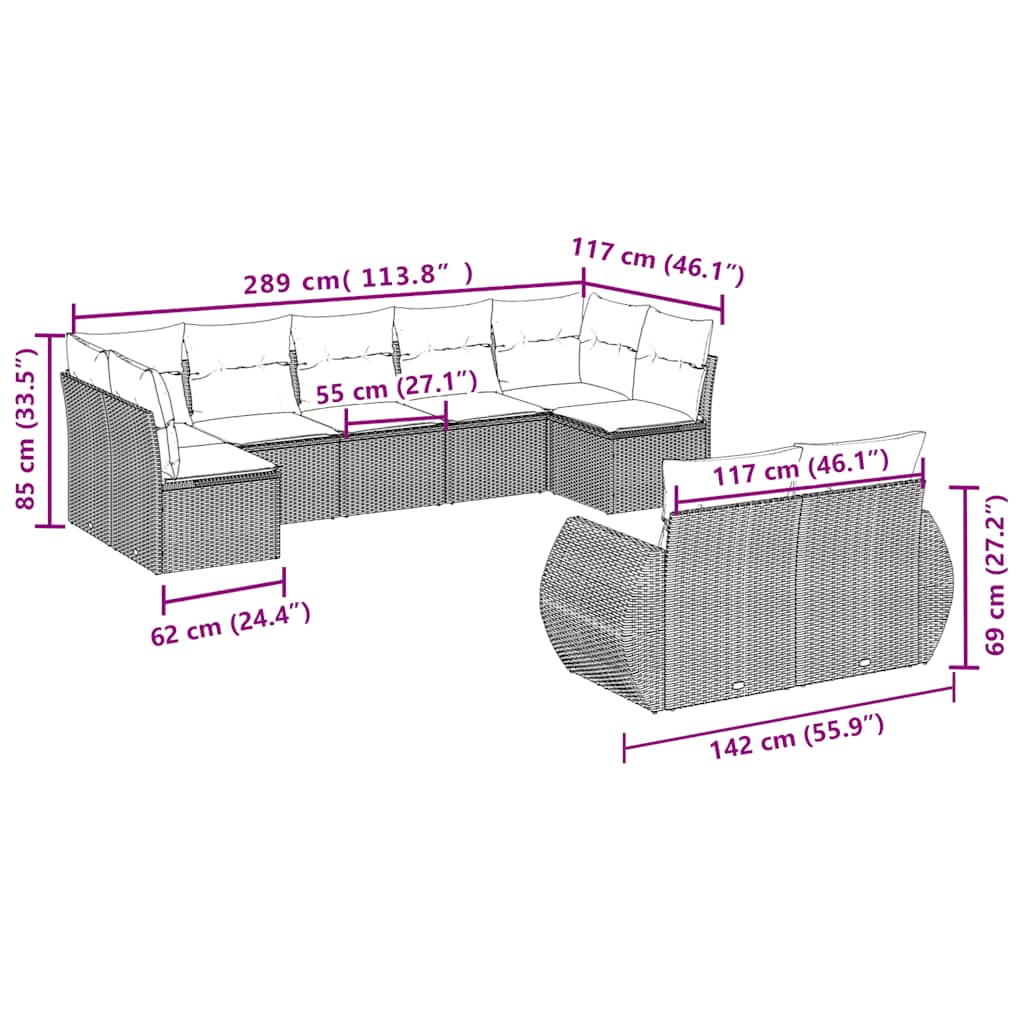 Set Divani da Giardino 9 pz con Cuscini Nero in Polyrattan | homemem39