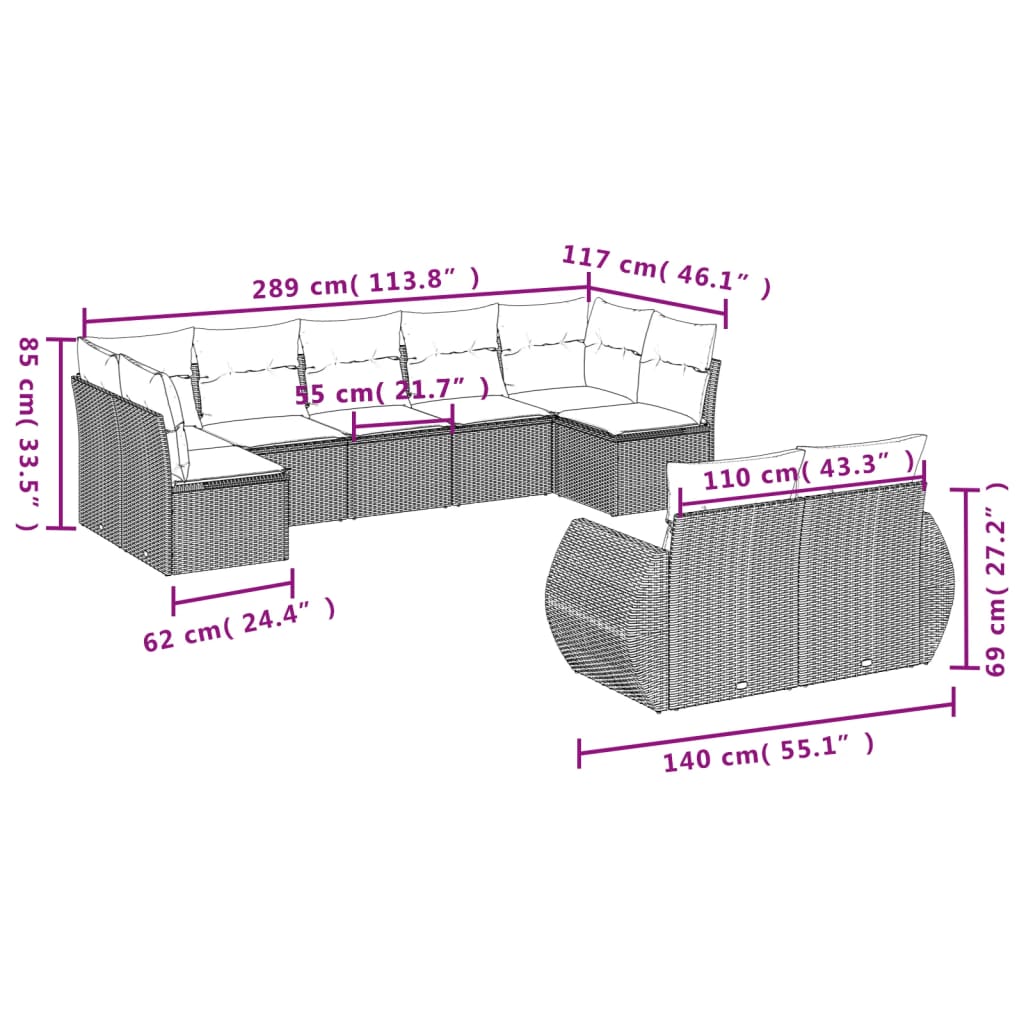 Set Divano da Giardino 9pz con Cuscini Grigio Chiaro Polyrattan | homemem39